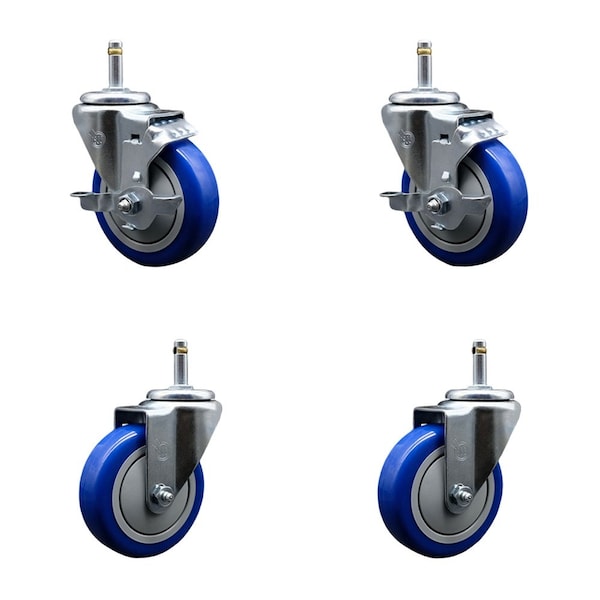 Service Caster 4'' Blue Poly Wheel Swivel 7/16'' Grip Ring Stem Caster Set 2 Brakes, 4PK GR20S414-PPUB-BLUE-TLB-716138-2-S-2 - main